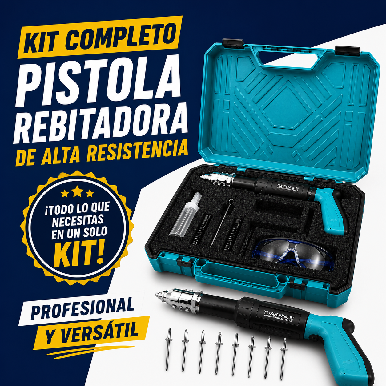 🛠️ Pistola Remachadora Profesional + Gafas de Protección + Maletín Organizador Rígido y Clavos Especiales de Impacto Regalo 🎁🔥